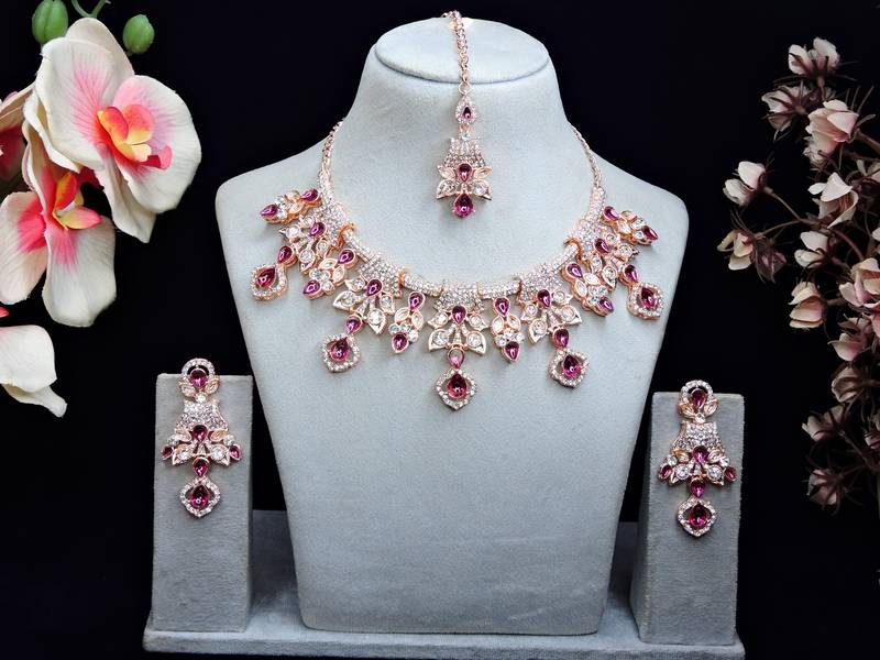 Purple rose gold premium designer american diamond and stone work necklace set