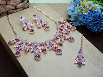 Purple rose gold premium designer american diamond and stone work necklace set 2