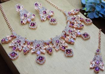 Purple rose gold premium designer american diamond and stone work necklace set 3