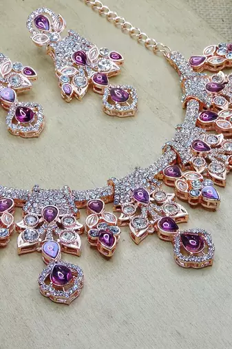 Purple rose gold premium designer american diamond and stone work necklace set