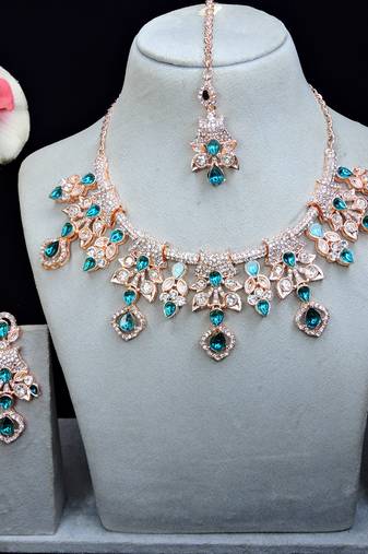Blue rose gold premium designer american diamond and stone work necklace set