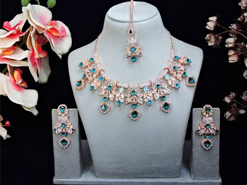 Blue rose gold premium designer american diamond and stone work necklace set