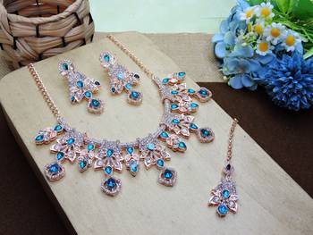 Blue rose gold premium designer american diamond and stone work necklace set 2