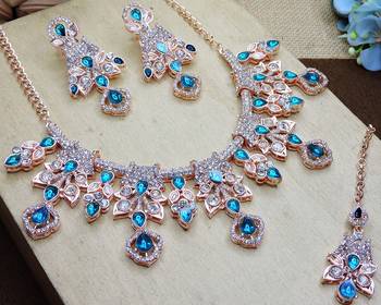 Blue rose gold premium designer american diamond and stone work necklace set 3