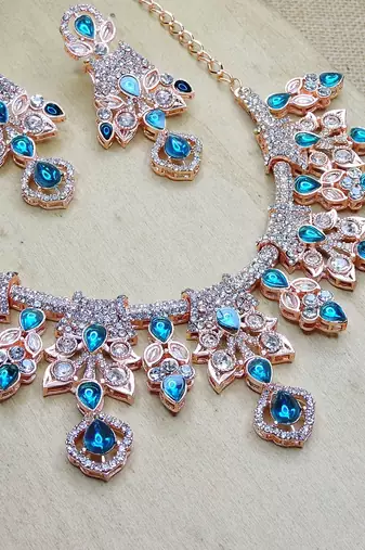 Blue rose gold premium designer american diamond and stone work necklace set