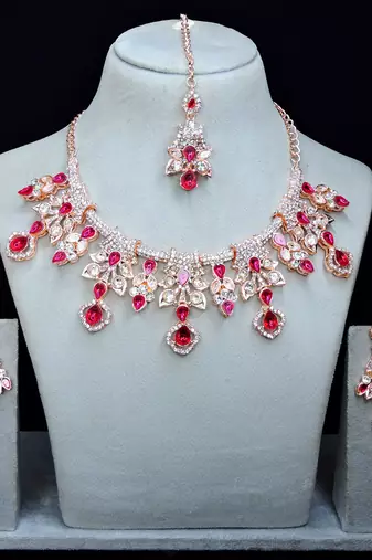 Pink rose gold premium designer american diamond and stone work necklace set