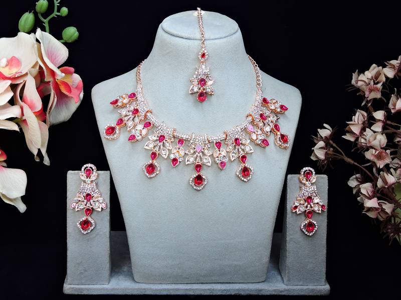 Pink rose gold premium designer american diamond and stone work necklace set