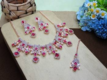Pink rose gold premium designer american diamond and stone work necklace set 2