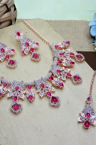 Pink rose gold premium designer american diamond and stone work necklace set