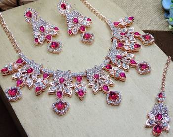 Pink rose gold premium designer american diamond and stone work necklace set 3