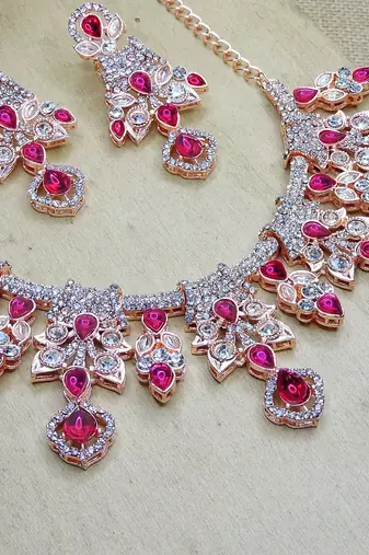 Pink rose gold premium designer american diamond and stone work necklace set