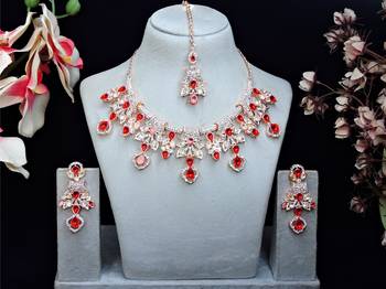 Red rose gold premium designer american diamond and stone work necklace set 1