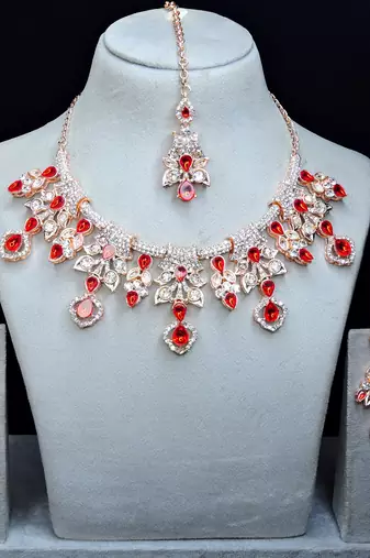 Red rose gold premium designer american diamond and stone work necklace set