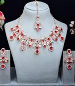 Red rose gold premium designer american diamond and stone work necklace set
