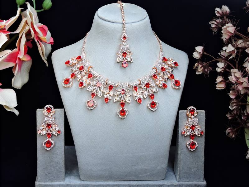 Red rose gold premium designer american diamond and stone work necklace set