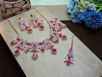 Red rose gold premium designer american diamond and stone work necklace set 2