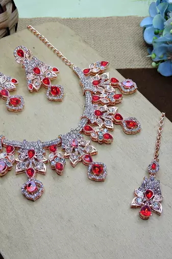 Red rose gold premium designer american diamond and stone work necklace set