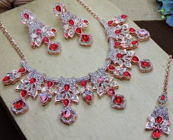 Red rose gold premium designer american diamond and stone work necklace set 3