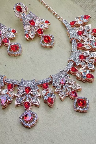 Red rose gold premium designer american diamond and stone work necklace set