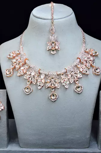 White rose gold premium designer american diamond and stone work necklace set