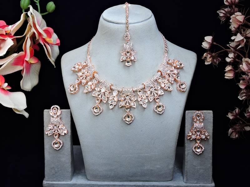 White rose gold premium designer american diamond and stone work necklace set