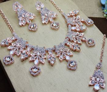 White rose gold premium designer american diamond and stone work necklace set 3