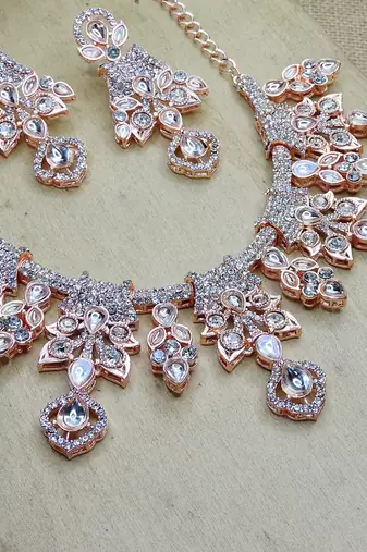 White rose gold premium designer american diamond and stone work necklace set