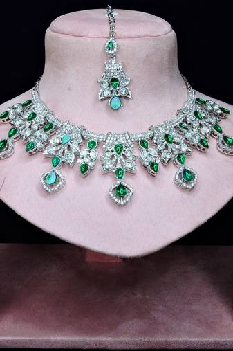 Green rhodium premium designer american diamond and stone work necklace set