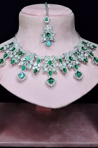 Green rhodium premium designer american diamond and stone work necklace set