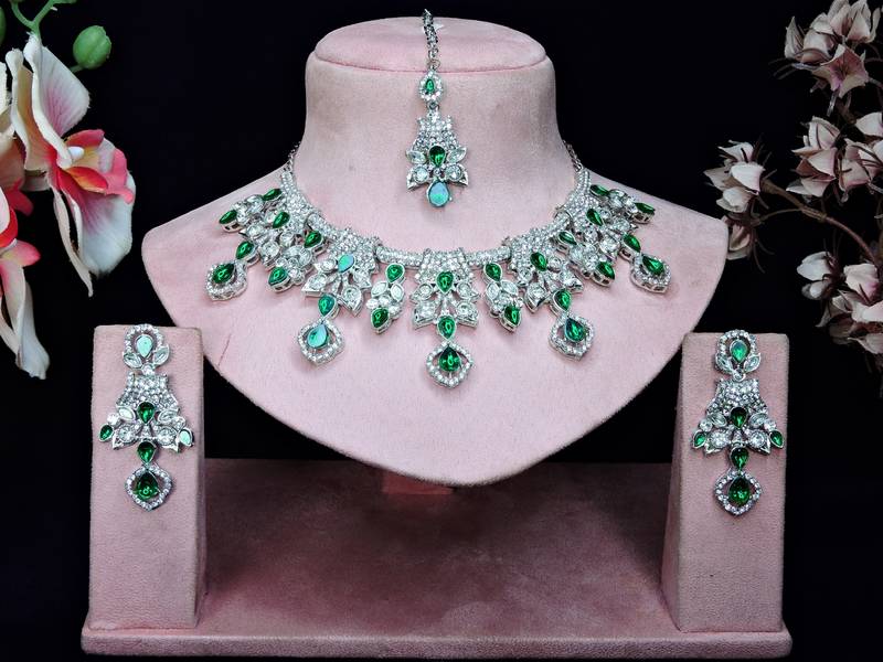 Green rhodium premium designer american diamond and stone work necklace set