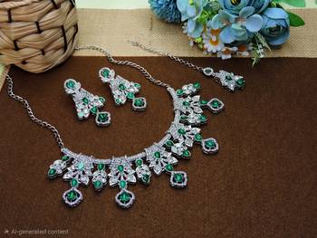 Green rhodium premium designer american diamond and stone work necklace set 2