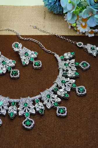 Green rhodium premium designer american diamond and stone work necklace set