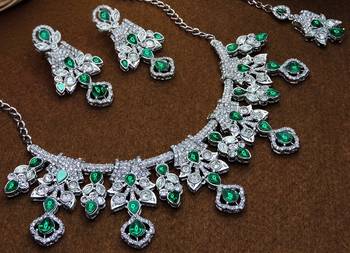 Green rhodium premium designer american diamond and stone work necklace set 3