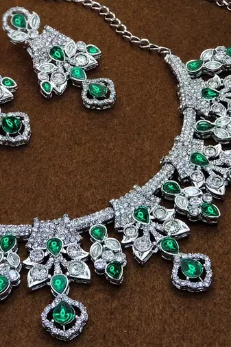 Green rhodium premium designer american diamond and stone work necklace set