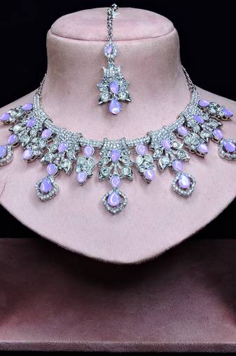 Purple rhodium premium designer american diamond and stone work necklace set