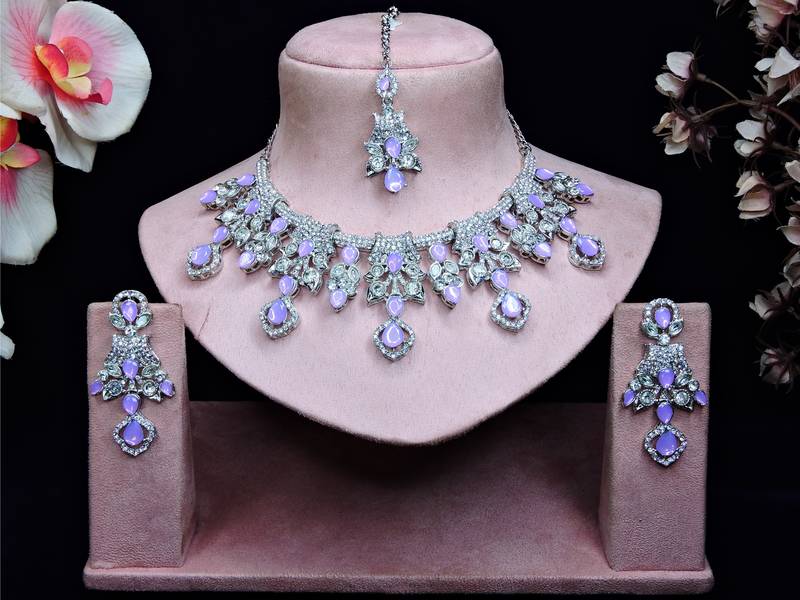 Purple rhodium premium designer american diamond and stone work necklace set