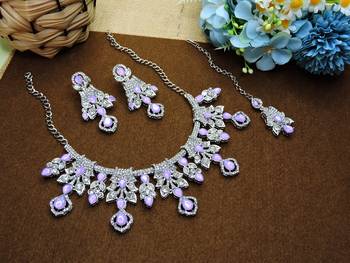 Purple rhodium premium designer american diamond and stone work necklace set 2