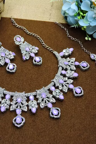 Purple rhodium premium designer american diamond and stone work necklace set