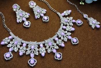 Purple rhodium premium designer american diamond and stone work necklace set 3