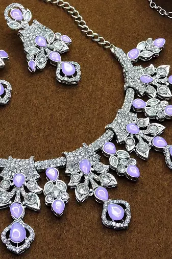 Purple rhodium premium designer american diamond and stone work necklace set