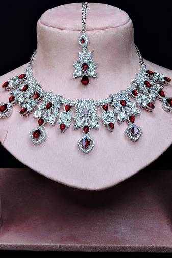 Maroon rhodium premium designer american diamond and stone work necklace set