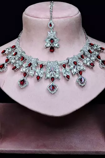 Maroon rhodium premium designer american diamond and stone work necklace set
