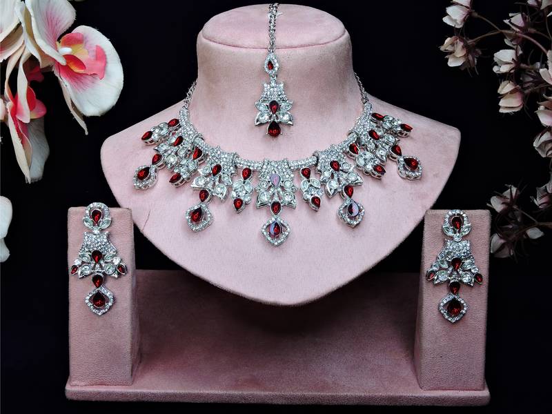 Maroon rhodium premium designer american diamond and stone work necklace set