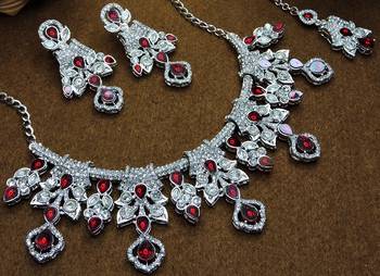 Maroon rhodium premium designer american diamond and stone work necklace set 2
