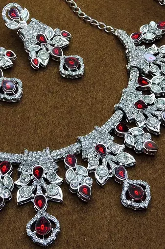 Maroon rhodium premium designer american diamond and stone work necklace set
