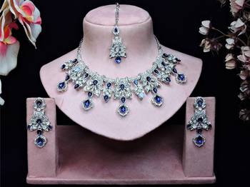 Blue rhodium premium designer american diamond and stone work necklace set 1