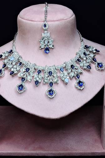 Blue rhodium premium designer american diamond and stone work necklace set