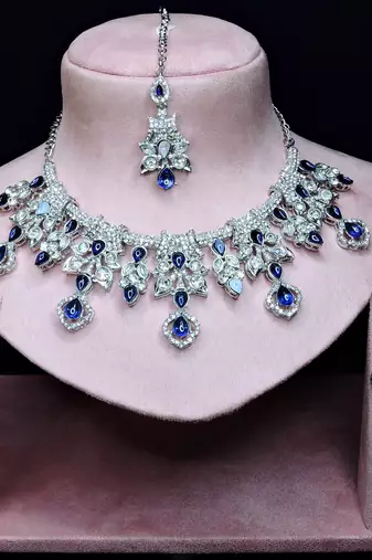 Blue rhodium premium designer american diamond and stone work necklace set