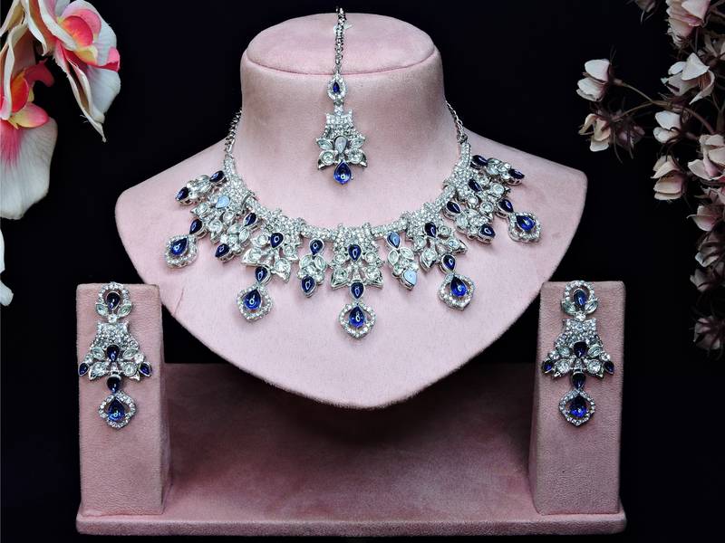 Blue rhodium premium designer american diamond and stone work necklace set