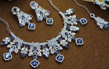 Blue rhodium premium designer american diamond and stone work necklace set 2